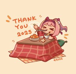  >_< 1girl 2025 animal_ears artist_name bow bowl brown_background chibi chibi_only chopsticks commentary_request cushion ear_bow ear_covers eating food fruit haru_urara_(umamusume) headband highres holding holding_bowl holding_chopsticks holding_with_chopsticks horse_ears horse_girl kotatsu mandarin_orange mochiusasa new_year orange_peel pink_hair pink_headband shrimp shrimp_tempura solo table tempura thank_you umamusume under_kotatsu under_table white_bow 