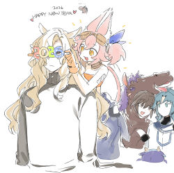  1girl 3_ma_me 3boys animal_costume animal_ears blonde_hair blue_hair blush brown_eyes brown_hair cat_ears cat_girl cat_tail centaur duel_academy_uniform_(yu-gi-oh!_gx) duel_monster gloves goggles goggles_on_head holding horse_costume horse_ears jacket kitt_(yu-gi-oh!) long_hair long_sleeves marufuji_ryo multiple_boys open_mouth pants pink_hair simple_background smile sweater tail taur tenjouin_fubuki tri-brigade_fraktall tri-brigade_kitt white_background yu-gi-oh! yu-gi-oh!_gx 