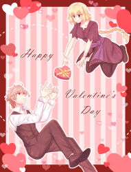  1boy 1girl black_pants black_vest blonde_hair box dress dress_shirt fate/apocrypha fate_(series) fokwolf happy_valentine heart heart-shaped_box heart_background hetero highres jeanne_d'arc_(fate) long_braid outstretched_arms pants parted_lips sash shirt sieg_(fate) smile striped_background vest 