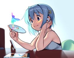 1girl alternate_costume bare_arms bare_shoulders bean_bag_chair black_bra blue_background blue_eyes blue_hair bra casual cd cd_case chair character_name closed_mouth commentary dated dot_nose earphones earphones elbows_on_table english_commentary english_text figure gloamy gradient_background grey_tank_top hair_between_eyes hair_ornament hairclip highres holding_cd imagining indoors lens_flare lips listening_to_music looking_at_object mahou_shoujo_madoka_magica mahou_shoujo_madoka_magica_(anime) miki_sayaka on_chair picture_frame pink_lips shadow short_hair sitting smile solo tank_top tareme underwear upper_body white_background 
