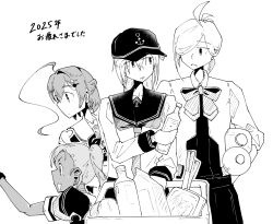  4girls ahoge asashimo_(kancolle) asashimo_kai_ni_(kancolle) baseball_cap commentary_request dark-skinned_female dark_skin greyscale groceries hat hibiki_(kancolle) highres huge_ahoge kantai_collection kashi_(kancolle) kaya_(kancolle) long_hair monochrome multiple_girls ponytail school_uniform serafuku takana translation_request upper_body 
