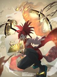  1girl black_pantyhose bo_(bouillustration) breasts fiery_hair fire flannery_(pokemon) floral_print floral_print_kimono hand_fan highres holding holding_fan horns horse japanese_clothes kimono long_hair long_sleeves open_mouth pantyhose pink_kimono pokemon pokemon_(creature) pokemon_oras ponytail print_kimono rapidash red_eyes red_hair red_kimono sandals single_horn smile unicorn 