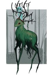  animalization antlers baila_kuangzi bare_tree blue_hood border brown_headband chinese_commentary commentary_request day deer detached_hood forest headband highres hood hood_up horns len'en nature no_humans outdoors outside_border parody rain_deer_(rain_world) rain_world red_eyes shitodo_aoji slugcat taira_no_fumikado tree white_border 