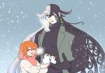  1boy 1girl alternate_costume ashiya_douman_(fate) blush commentary_request fate/grand_order fate_(series) fujimaru_ritsuka_(female) height_difference jacket outdoors smile snowing snowman turtleneck winter_clothes yoshimura 