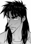  1boy absurdres clenched_teeth collared_shirt commentary_request fukumoto_nobuyuki_(style) greyscale highres itou_kaiji kaiji long_hair looking_at_viewer male_focus medium_bangs monochrome official_style parody pointy_nose scar scar_on_cheek scar_on_face shirt sidelocks solo style_parody t-shirt teeth upper_body usarinko v-shaped_eyebrows 