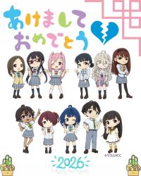  ahoge asagumo_chihaya basori_tiara blue_bow blue_bowtie blue_hair bow bowtie broken_heart cardigan_vest commentary_request food-themed_hair_ornament grey_skirt hair_ornament heart highres imigimuru kadomatsu komari_chika lemon_hair_ornament make_heroine_ga_oo_sugiru! medium_hair momozono_junior_high_school_uniform nukumizu_kaju nukumizu_kazuhiko school_uniform skirt tsukinoki_koto tsuwabuki_high_school_uniform yakishio_lemon yanami_anna yellow_bow yellow_bowtie 