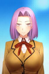  1girl alternate_hair_length alternate_hairstyle breasts fate_(series) forehead highres homurabara_academy_school_uniform large_breasts medusa_(fate) minami_koyogi pink_eyes portrait purple_hair school_uniform serious solo square_pupils 