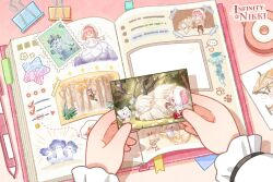  1girl artist_request behemoth_(infinity_nikki) book bookmark commentary copyright_logo english_commentary female_pov forest_folk_(infinity_nikki) frilled_sleeves frills frostbound_behemoth_(infinity_nikki) heart highres holding holding_brush holding_photo ian_the_cadanceborn infinity_nikki logo long_sleeves momo_(nikki) nikki_(nikki) nikki_(series) official_alternate_costume official_art open_book paw_print pen photo_(object) pov puffy_long_sleeves puffy_sleeves scrapbook second-party_source shadow shadow_swiftweave_(infinity_nikki) shroomling_(infinity_nikki) tape whimstar_(infinity_nikki) white_sleeves 
