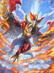  absurdres armor bird blue_gem blue_sky blurry chest_jewel claws clouds cloudy_sky commentary crystal day depth_of_field film_grain fire flying forehead_jewel full_body gem glowing glowing_gem gold_armor highres kaiju looking_at_viewer midair monster monster_focus multicolored_armor no_humans outdoors phoenix pyrokinesis red_armor red_gem robuja sky solo spikes tail tokusatsu two-tone_armor ultra_series ultraman_omega_(series) valgeness wings 