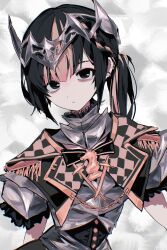 1girl absurdres armor black_eyes black_hair chess_piece closed_mouth commentary ear_piercing english_commentary headpiece highres jewelry knight_(chess) long_hair looking_at_viewer multicolored_hair okubatomaeba orange_streaks original parted_bangs personification piercing ponytail solo streaked_hair upper_body warrior white_background 