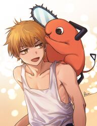  1boy bags_under_eyes black_eyes bom61487782 brown_eyes brown_hair chainsaw_man collarbone denji_(chainsaw_man) highres looking_at_another loose_clothes loose_shirt male_focus open_mouth pectoral_cleavage pectorals pochita_(chainsaw_man) shirt signature tank_top white_tank_top 