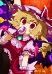  back_bow blonde_hair bow candy collared_shirt crystal flandre_scarlet food frilled_shirt_collar frilled_skirt frilled_sleeves frills halloween hat hat_ribbon highres holding holding_candy holding_food holding_lollipop jack-o&#039;-lantern lollipop maa_(forsythia1729) mob_cap one_side_up puffy_short_sleeves puffy_sleeves red_eyes red_ribbon red_skirt red_vest ribbon shirt short_hair short_sleeves skirt skirt_set touhou vest white_bow white_headwear white_shirt wings wrist_cuffs 