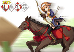  1girl 2026 archer_(ragnarok_online) armored_skirt arrow_(projectile) black_shorts black_thighhighs blue_shirt boots bow_(weapon) brown_boots brown_eyes brown_gloves brown_hair chinese_zodiac clenched_teeth commentary_request drawing_bow full_body gloves grey_hairband hairband holding holding_bow_(weapon) holding_weapon horse horseback_archery horseback_riding maachin ragnarok_online reins riding saddle shirt short_hair short_sleeves shorts solo teeth thigh-highs weapon year_of_the_horse 