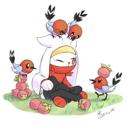  1other ^_^ animal_ears animal_feet animal_hands animal_nose artist_name berry_(pokemon) bird black_eyes black_fur body_fur bright_pupils closed_eyes commentary covered_mouth english_commentary eye_contact fletchling food food_on_head fruit full_body grass highres indian_style j.jama jitome long_animal_ears looking_at_another magost_berry multicolored_fur object_on_head on_ground on_head one_eye_closed other_focus pokemon pokemon_(creature) pokemon_on_head rabbit_ears rabbit_tail raboot red_eyes red_fur short_tail signature sitting sweat tail white_background white_fur white_pupils 