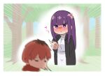  1boy 1girl anger_vein blush fern_(sousou_no_frieren) forest long_hair nanohana_(november.) nature pout punching purple_hair redhead sousou_no_frieren stark_(sousou_no_frieren) sweatdrop violet_eyes 