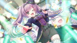  1girl ;d black_hairband black_hat black_skirt blue_coat blush breasts brooch buttons coat coattails concert confetti cowboy_shot dot_nose double-breasted dutch_angle fang film_grain floating_hair frilled_thighhighs frills from_below game_cg gem glowstick green_eyes green_ribbon hair_intakes hairband hand_up hat hat_ribbon holding holding_microphone idol idol_clothes izumi_tsubasu jewelry lens_flare long_hair long_sleeves looking_at_viewer microphone misaki_sango non-web_source official_art one_eye_closed open_mouth outstretched_arm pointing pointing_at_viewer purple_gem purple_hair re:stage! ribbon screen screen_zoom skirt small_breasts smile solo sparkle stage_lights striped_clothes striped_thighhighs tailcoat thigh-highs tilted_headwear twintails vertical-striped_clothes vertical-striped_thighhighs very_long_hair white_thighhighs zettai_ryouiki 