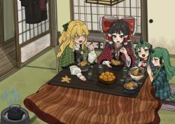  4girls alternate_costume black_vest blonde_hair blush bow bowl braid brown_eyes brown_hair chopsticks clone commentary_request curly_hair dotera_(clothes) food frilled_bow frilled_hair_tubes frills green_hair hair_bow hair_tubes hakurei_reimu highres holding holding_chopsticks horns kettle kirisame_marisa komainu_girl komano_aunn kotatsu long_hair long_sleeves multiple_girls noodles open_mouth own_hands_together palms_together ramen red_bow shrimp shrimp_tempura side_braid single_braid single_horn sitting smile soba table tail tatami tempura touhou under_kotatsu under_table vest watermark yellow_eyes yuke_yukima 