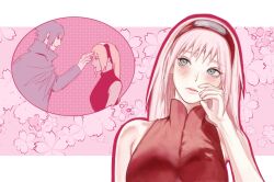  1boy 1girl alternate_breast_size_(larger) black_cloak black_hair blush breasts cherry_blossoms cloak commentary facial_mark forehead_mark forehead_protector green_eyes hairband haruno_sakura hashtag-only_commentary highres large_breasts long_hair meomeorrrr naruto_(series) naruto_shippuuden pink_hair pink_lips poking_head red_hairband red_vest remembering speech_bubble thought_bubble uchiha_sasuke vest 