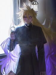  1boy alien_888 arm_at_side balance_scale black_tunic blonde_hair cassock cathedral chain church clerical_collar colored_tips cowboy_shot dappled_sunlight facial_mark facing_viewer highres holding holding_chain holding_scale indoors long_hair looking_at_viewer male_focus multicolored_hair priest sunlight tunic vignetting violet_eyes weighing_scale yu-gi-oh! yu-gi-oh!_go_rush!! zuwijo_zir_velgear 