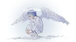  1boy angel angel_wings blue_hair feathered_wings gold_necklace green_eyes grey_background hair_over_one_eye halo highres jewelry male_focus milgram mou_xingchen necklace one_eye_covered pants sakurai_haruka_(milgram) shirt short_hair solo squatting white_footwear white_pants white_shirt wings 