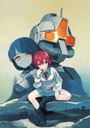  1970s_(style) 1980s_(style) 2girls absurdres amate_yuzuriha aqua_eyes assault_visor black_hair blush blush_stickers bob_cut bodysuit breasts closed_mouth commentary_request gelgoog_(gquuuuuux) gundam gundam_gquuuuuux highres large_breasts long_sleeves looking_at_viewer mature_female mecha mecha_pilot_suit mobile_suit mobile_suit_gundam multiple_girls nanaroku_(fortress76) necktie normal_suit_(gundam) orange_eyes orange_visor parody poster_parody red_hair retro_artstyle robot school_uniform science_fiction shiiko_sugai shirt short_hair sitting smile sweater 