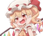  1girl ascot blonde_hair blush bow coruthi crystal flandre_scarlet frilled_shirt frilled_sleeves frills hands_on_own_cheeks hands_on_own_face hat hat_ribbon heart heart-shaped_pupils laevatein_(touhou) looking_at_viewer mob_cap one_side_up open_mouth puffy_short_sleeves puffy_sleeves red_bow red_eyes red_ribbon red_vest ribbon shirt short_hair short_sleeves side_ponytail simple_background smile solo symbol-shaped_pupils touhou upper_body vest white_background white_shirt wings yellow_ascot 