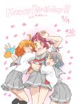  3girls ahoge black_socks blush closed_eyes clover_hair_ornament commentary_request cowboy_shot dated falling_petals girl_sandwich grey_hair grey_sailor_collar grey_skirt hair_ornament half_updo happy_birthday highres hug kashikaze kneehighs long_hair love_live! love_live!_sunshine!! medium_hair midriff_peek multiple_girls neckerchief open_mouth orange_hair petals pleated_skirt puffy_short_sleeves puffy_sleeves red_neckerchief redhead sailor_collar sakurauchi_riko sandwiched school_uniform serafuku shirt short_hair short_sleeves signature single_sidelock skirt smile socks takami_chika translated uranohoshi_school_uniform watanabe_you white_shirt yellow_eyes yuri 