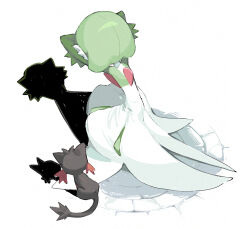  1girl adversarial_noise arms_up artist_name back cat colored_skin covering_face crack cracked_floor from_above from_behind gardevoir green_skin highres leaning_forward litten multicolored_skin pokemon pokemon_(creature) shadow signature simple_background sok_(mr14_c) solo_focus squatting twitter_username two-tone_skin white_background white_skin 