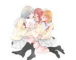  3girls ahoge black_socks blush bow braid closed_eyes commentary_request girl_sandwich grey_hair grey_sailor_collar grey_shirt hair_bow hair_ornament hairclip highres holding_hands hug hug_from_behind interlocked_fingers kashikaze kiss kissing_forehead kneehighs long_hair love_live! love_live!_sunshine!! medium_hair multiple_girls neckerchief no_shoes orange_hair pleated_skirt red_neckerchief redhead sailor_collar sakurauchi_riko sandwiched school_uniform serafuku shirt short_hair side_braid simple_background single_sidelock sitting skirt socks takami_chika uranohoshi_school_uniform watanabe_you white_background yellow_bow yellow_eyes yuri 