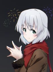  1girl alternate_costume blush brown_jacket fireworks green_eyes hmd_1800 jacket looking_at_viewer night outdoors red_scarf sanya_v._litvyak scarf short_hair smile solo strike_witches upper_body white_hair world_witches_series 