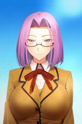  1girl alternate_hair_length alternate_hairstyle breasts fate_(series) forehead glasses highres homurabara_academy_school_uniform large_breasts medusa_(fate) minami_koyogi pink_eyes portrait purple_hair school_uniform serious solo square_pupils 
