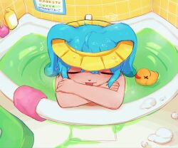  1boy animal_ears bath bath_stool bathing bathtub blue_hair closed_eyes in_bathtub indoors kenma-kun koushinism kragswgncroksbt male_focus musical_note poster_(object) rabbit_ears rubber_duck snout soap_bubbles solo stool tile_wall tiles tongue tongue_out towel trap wet wet_hair 
