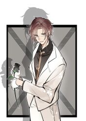  1boy absurdres alternate_costume alternate_hair_length alternate_hairstyle black_flower black_rose black_shirt border brown_hair brown_necktie chinese_commentary collared_shirt commentary_request contemporary cowboy_shot curtained_hair dress_pants earclip eyewear_strap flower glasses gloves grey_border grey_eyes half_gloves highres holding holding_flower hua_yi_shanxin_zhiyue jacket long_sleeves looking_to_the_side male_focus necktie outside_border pants parted_bangs parted_lips pinky_ring rectangular_eyewear rose shadow shirt short_hair simple_background smile solo standing suit suit_jacket wallet_chain wangulongdong wen_siyu white_border white_gloves white_jacket white_pants white_suit 