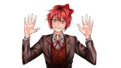  blue_eyes bow_in_hair doki_doki_literature_club hands_against_glass looking_at_viewer pink_hair red_bow sayori_(doki_doki_literature_club) smile wide-eyed yandere 