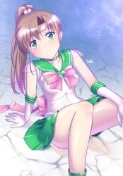  1girl back_bow bishoujo_senshi_sailor_moon bishoujo_senshi_sailor_moon_supers bow bowtie brooch brown_hair choker collarbone commentary_request elbow_gloves gloves green_choker green_eyes green_sailor_collar green_skirt hair_bobbles hair_ornament heart heart_brooch highres himehachi_(hime8manga) jewelry kino_makoto long_hair looking_at_viewer pink_bow pink_bowtie ponytail sailor_collar sailor_jupiter sailor_senshi_uniform skirt smile solo star_(symbol) super_sailor_jupiter white_gloves 