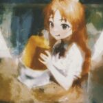  1girl absurdres bread brown_eyes chair eating food highres holding holding_food indoors light_smile sitting solo table 