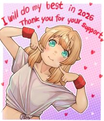  1girl blonde_hair blush border bridget_(guilty_gear) collarbone dutch_angle english_text fingernails gradient_background green_eyes guilty_gear hair_intakes happy_new_year heart heart_arms highres light_smile long_hair loose_clothes loose_shirt midriff outline pink_background pointing_at_cheek polka_dot polka_dot_background puffy_cheeks purple_background red_wrist_cuffs shirt short_sleeves solo sugajyun swept_bangs tied_shirt upper_body white_border white_outline white_shirt wrist_cuffs 