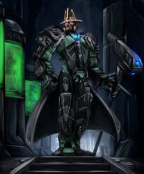  1boy absurdres artakha_(being) bionicle clothes_writing commentary dark english_commentary forge full_body glowing gold_mask hammer highres holding holding_hammer humanoid_robot indoors kanohi_(bionicle) looking_to_the_side male_focus perp3tual robot science_fiction solo_focus standing stasis_tank the_lego_group waist_cape 