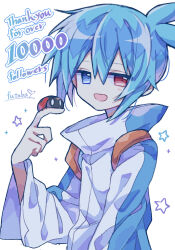  1boy :d blue_hair bug commentary_request double-parted_bangs futaba969649 hair_between_eyes hand_up high_collar highres insect_on_finger jacket ladybug light_blush long_sleeves looking_at_viewer male_focus milestone_celebration open_mouth puyopuyo short_hair sig_(puyopuyo) signature simple_background smile solo star_(symbol) upper_body white_background white_jacket 