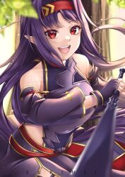  1girl :d armor armpit_crease artist_name bare_shoulders boots breastplate breasts commentary cowboy_shot detached_sleeves english_commentary eyelashes fingerless_gloves gloves headband highleg highleg_leotard highres holding holding_sword holding_weapon leotard long_hair looking_at_viewer medium_breasts obsidian_slasher open_mouth pointy_ears purple_boots purple_gloves purple_hair purple_leotard purple_skirt purple_sleeves red_eyes red_headband reverse_grip side_slit sidelocks skirt smile solo sukimii_art swept_bangs sword sword_art_online teeth thigh_boots tongue turtleneck turtleneck_leotard watermark weapon yuuki_(sao) 