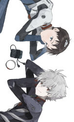  2boys blue_eyes brown_hair closed_mouth commentary_request grey_hair hair_between_eyes highres ikari_shinji looking_at_viewer lying male_focus mecha_pilot_suit multiple_boys nagisa_kaworu neon_genesis_evangelion on_side oshio_(baniniwana) plugsuit_(evangelion) red_eyes short_hair sideways simple_background walkman white_background 
