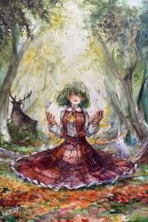  1girl absurdres ascot blush bug butterfly closed_eyes collared_shirt commentary_request deer facing_viewer forest green_hair harikona highres kazami_yuuka long_sleeves medium_hair nature open_clothes open_mouth open_vest outdoors painting_(medium) plaid_clothes plaid_skirt plaid_vest rabbit red_vest shirt signature sitting skirt skirt_set smile solo touhou traditional_media tree vest watercolor_(medium) white_butterfly white_shirt yellow_ascot 
