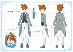 1boy alternate_costume alternate_eye_color antenna_hair black_shoes blue_necktie bright_pupils brown_eyes brown_hair closed_mouth collared_shirt commentary_request double-parted_bangs flat_color genk1zam4s grey_suit hair_between_eyes hero_(faraway)_(omori) hero_(omori) highres long_sleeves looking_at_viewer male_focus necktie omori pants reference_sheet shirt shoes short_hair smile solo suit translation_request white_pants white_pupils white_shirt 
