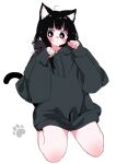  1girl ahoge animal_ears animal_on_shoulder bare_legs black_cat black_eyes black_hair blunt_bangs blush_stickers cat cat_ears cat_girl cat_tail dot_mouth dot_nose full_body grey_hoodie highres hood hoodie looking_to_the_side megateru original oversized_clothes paw_pose paw_print seiza sitting solo tail thighs white_background 