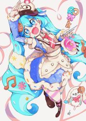  1girl animal apron aqua_eyes aqua_hair arm_up asymmetrical_legwear blue_bow blue_dress blue_eyes blue_hair blue_sleeves blush boots bow bowtie brown_boots brown_hat commentary_request detached_sleeves dress dress_bow food food-themed_clothes food-themed_hat_ornament frilled_apron frills fruit full_body fur-trimmed_dress fur-trimmed_sleeves fur_trim hair_between_eyes hair_ornament hat hat_ornament hatsune_miku heart highres holding holding_plate knee_boots long_hair long_sleeves looking_at_viewer mismatched_legwear necktie official_alternate_costume official_alternate_hairstyle open_mouth pantyhose pink_necktie plate puffy_sleeves rabbit_yukine short_sleeves smile snowflake_print strawberry striped_clothes striped_pantyhose tongs twintails two-tone_sleeves very_long_hair vocaloid vorusan_(volver39) wavy_hair white_apron yuki_miku yuki_miku_(2026) 