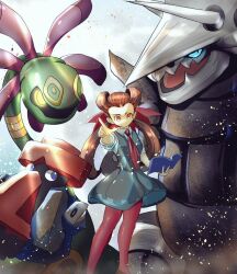  1girl aggron blue_eyes bo_(bouillustration) book brown_hair closed_mouth collared_shirt commentary_request cradily eyelashes grey_skirt grey_vest hair_ribbon holding holding_book horns long_hair necktie open_book open_mouth pantyhose pointing pointing_at_viewer pokemon pokemon_(creature) pokemon_oras probopass red_eyes red_necktie red_pantyhose red_ribbon ribbon roxanne_(pokemon) shirt skirt twintails vest white_shirt 