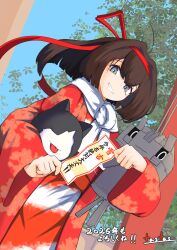  1girl 2026 absurdres akizuki_(kancolle) alternate_costume brown_hair chou-10cm-hou-chan chou-10cm-hou-chan_(akizuki's) commentary_request grey_eyes headband highres japanese_clothes kantai_collection kimono long_hair obi ponytail red_headband red_kimono sash smile solo tastas wide_sleeves 