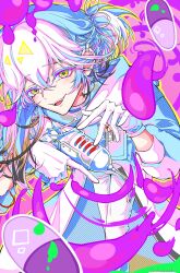  1other :d coat feet_out_of_frame gakubuchi gloves gun highres holding holding_gun holding_weapon medicine_pocket medium_hair pants pill pink_background ponytail purple_liquid reverse:1999 shirt short_ponytail side_ponytail smile solo teeth upper_teeth_only weapon white_coat white_gloves white_hair white_pants white_shirt yellow_eyes 