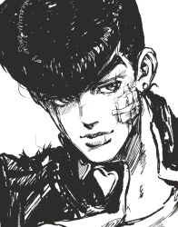  1boy closed_mouth collared_jacket crew_neck diamond_wa_kudakenai gauze gauze_on_cheek greyscale headshot higashikata_josuke highres jacket jojo_no_kimyou_na_bouken looking_to_the_side male_focus monochrome pompadour portrait santamanymany shirt short_sideburns sideburns sideways_glance simple_background solo thick_eyebrows white_background 