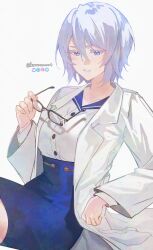  1girl 86_-eightysix- absurdres blue_eyes blue_hair blue_skirt coat commentary_request glasses henrietta_penrose highres holding holding_removed_eyewear invisible_chair knowname lab_coat long_sleeves looking_at_viewer shirt short_hair simple_background sitting skirt solo twitter_username unworn_eyewear white_background white_coat white_shirt 